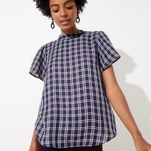 LOFT Plaid Mock Neck Flutter Top